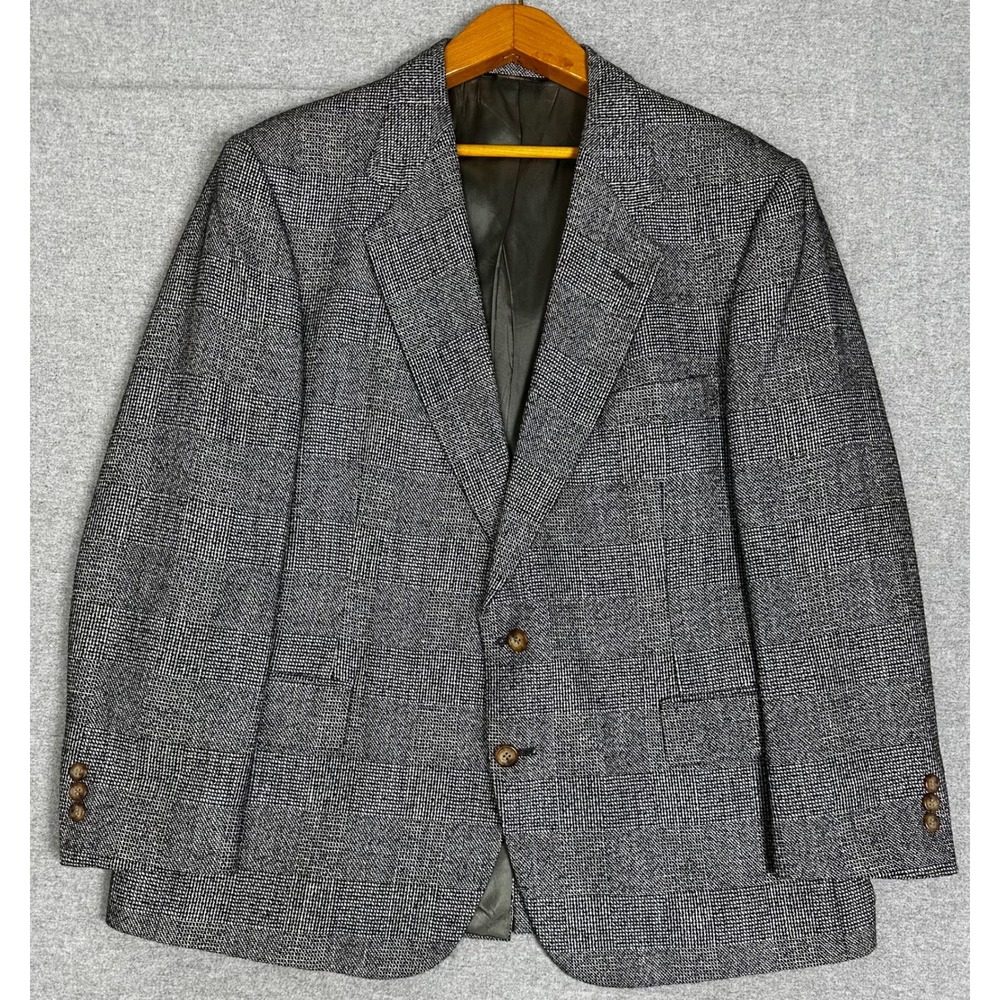 Vintage Sansabelt Tweed Blazer 44R Grey Black Glen Plaid Sport Coat